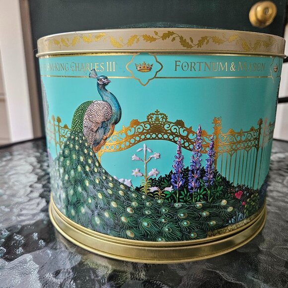 Fortnum & Mason King Charles Coronation Peacock Musical Biscuit Tin (Empty) - Picture 1 of 9